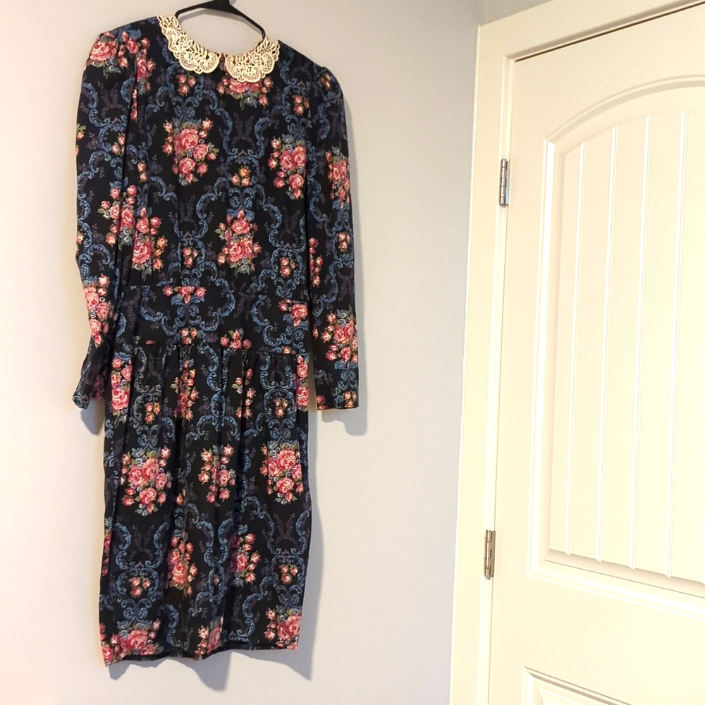 Vintage Lace Gunne Sax Jessica McClintock Black Floral Cottagecore Dress